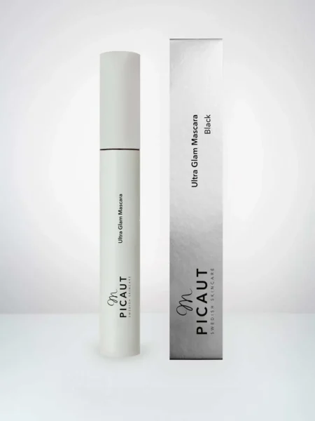 Ultra Glam Mascara från M Picaut Skincare. Mascara 10 ml med svart färg. Produktbild med hylsa och förpackning.