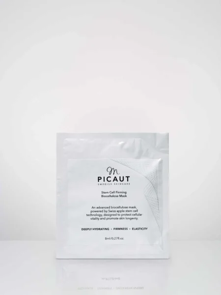Stem Cell Biocellulose Mask från M Picaut Skincare. Biocellulosa mask 8 ml med äppelstamcellsextrakt. Produktbild med förpackning.